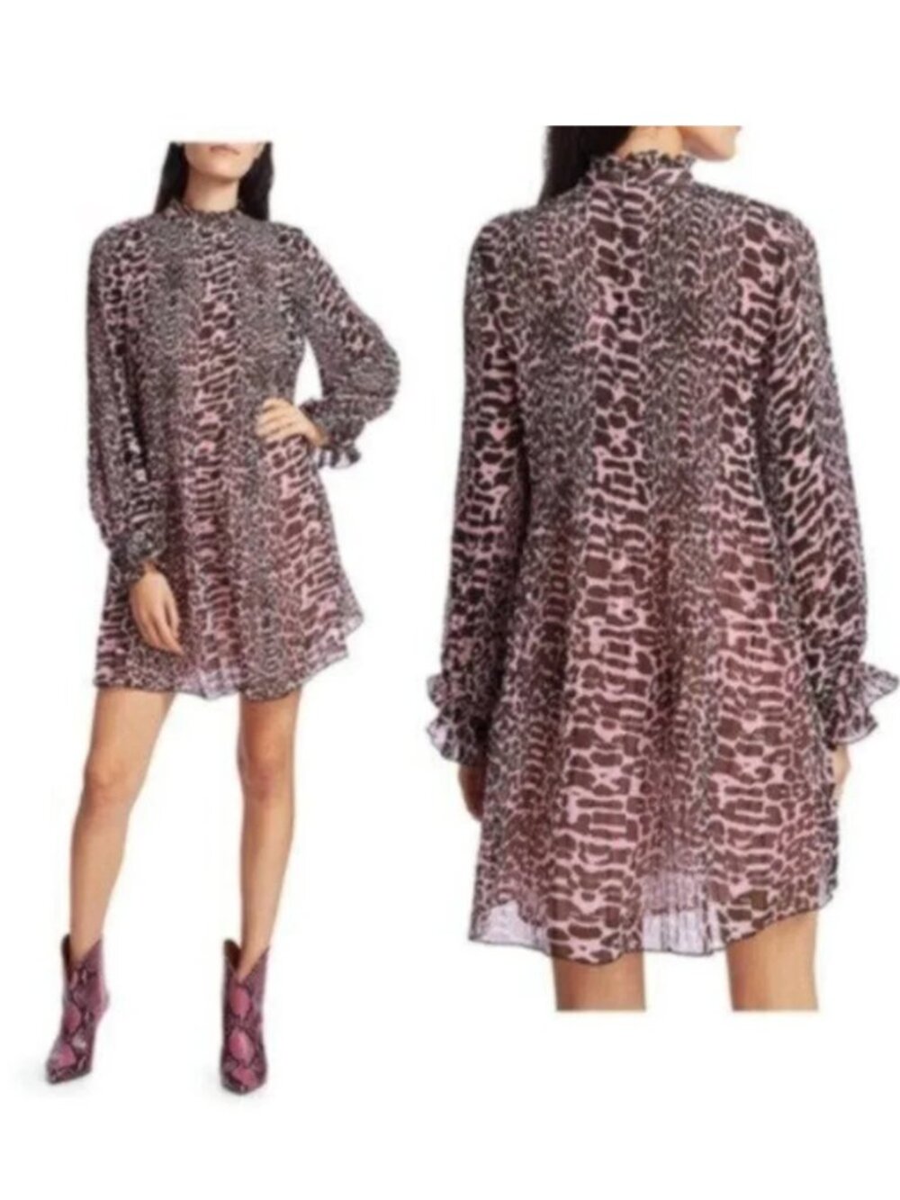 Ganni Rose Animal Print Pleated Mini Dress 40